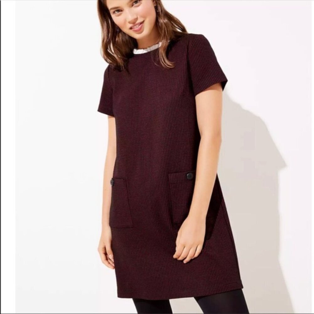 LOFT Twee Checkered Ruffle Neck Shift Mini Dress, Burgundy/Black Check, Size 4